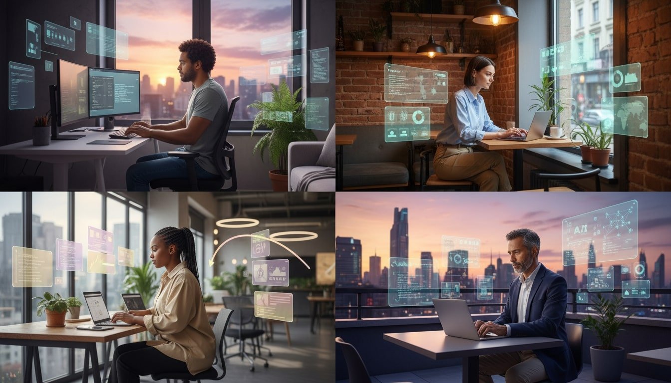 A four-part landscape scene showing a software engineer, data analyst, UX designer, and AI strategist each working from different stylish remote locations, with subtle overlays of code, charts, and wireframes floating around them.
