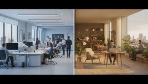 A fully 3D-rendered landscape image with a cool-toned open-plan office on the left and a warm-toned blend of home office, café, and outdoor terrace on the right, separated by a clear vertical divide.