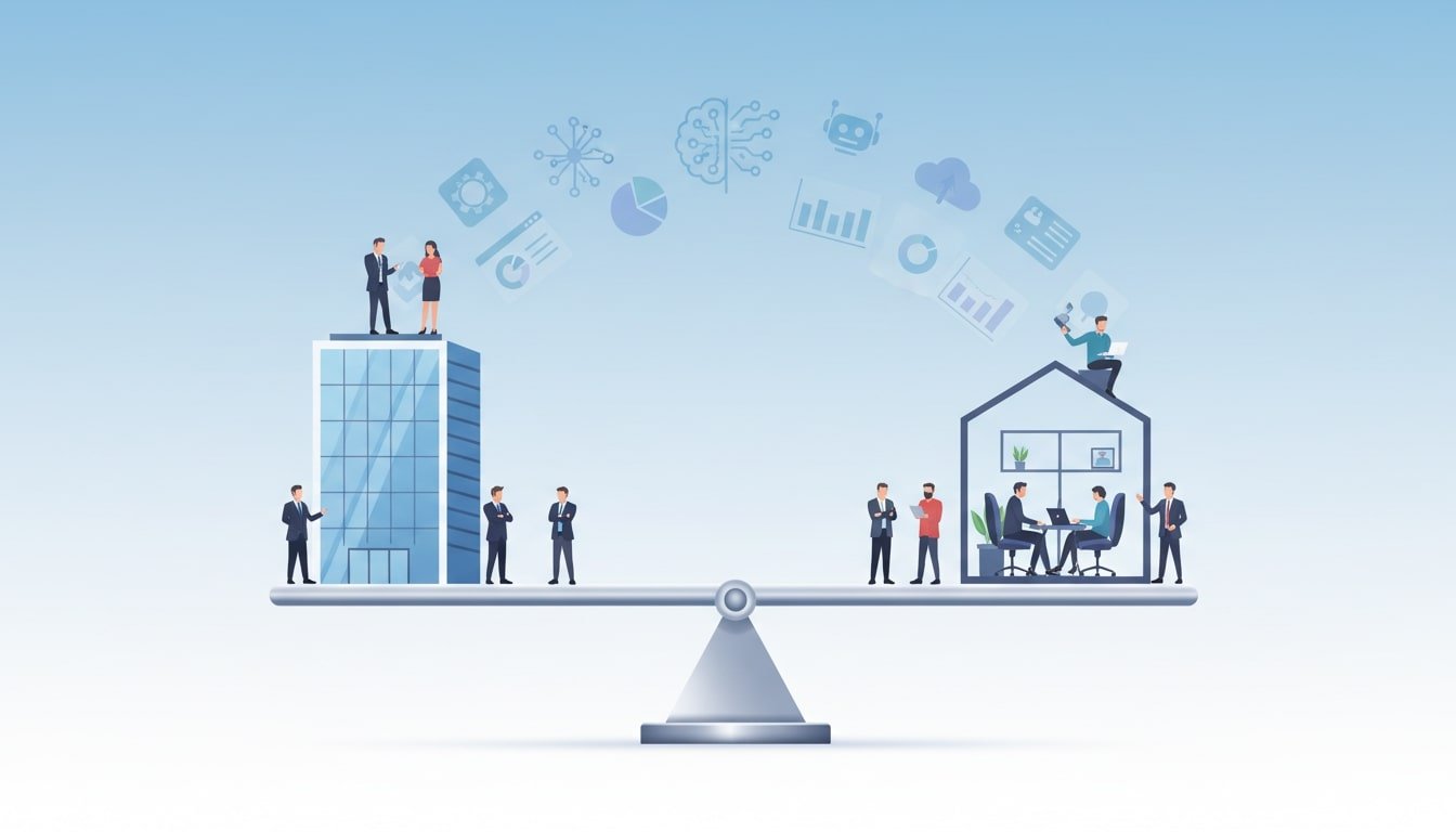 A clean symbolic illustration of a balancing beam or scale with a glass office building on one side and a home workspace on the other, small executives and employees on each side, with AI icons and data charts floating overhead.