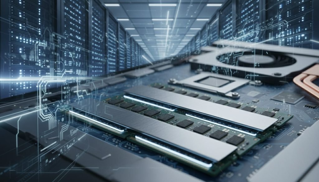 A close-up contrast between laptop RAM and massive AI data center infrastructure to show where the memory is going.