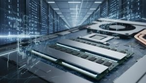 A close-up contrast between laptop RAM and massive AI data center infrastructure to show where the memory is going.