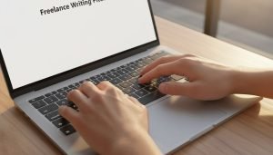 A close-up of a writer crafting a professional pitch on a laptop.