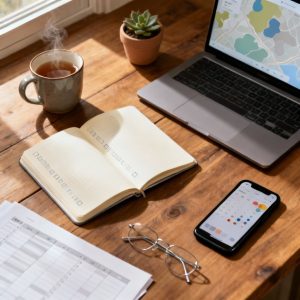 An image of a journal and travel tools.
