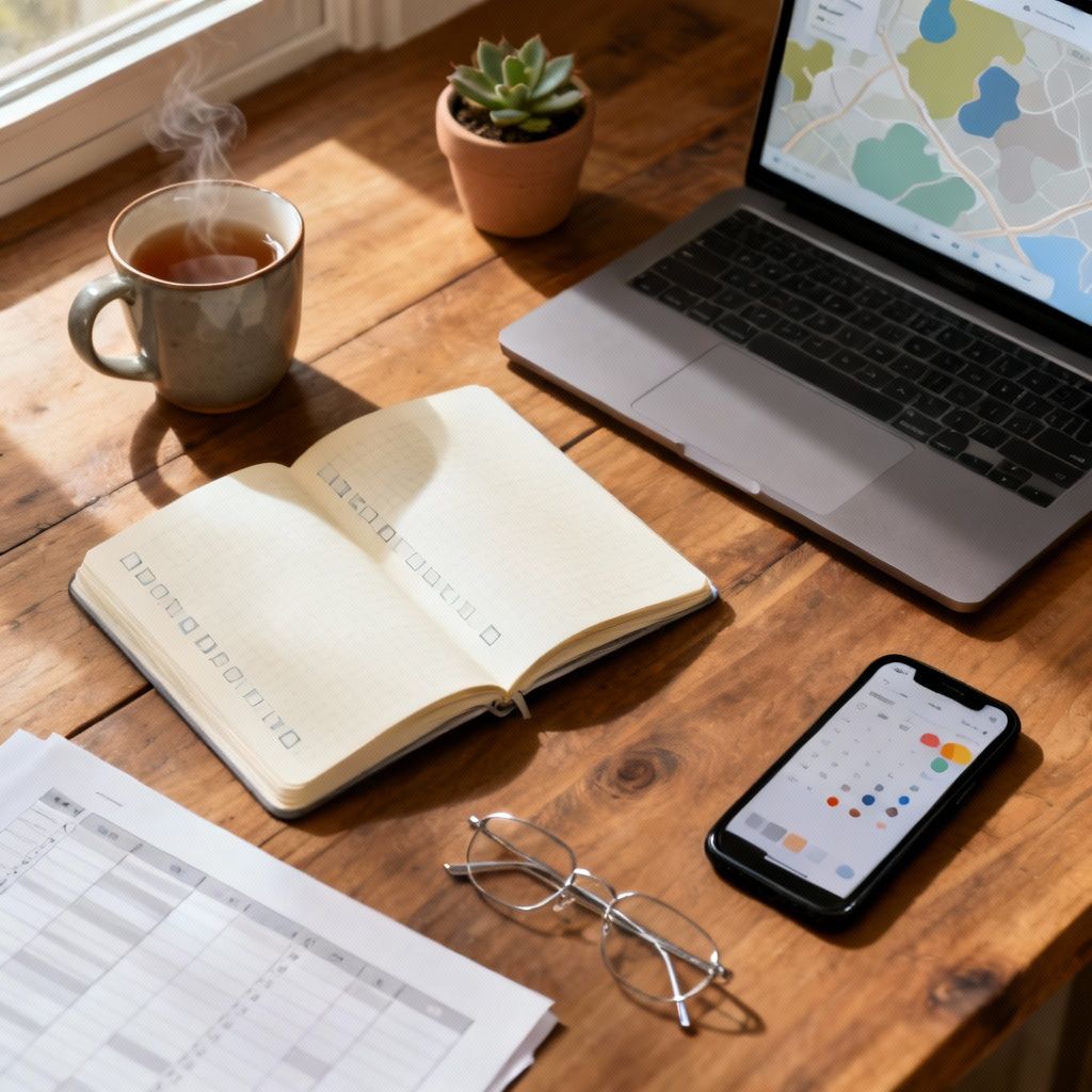 An image of a journal and travel tools.