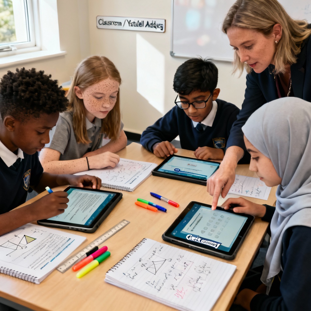 An image of a teacher and her students studying using AI.