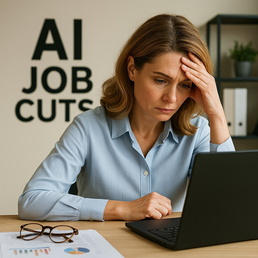 An image of an employee worried about AI taking her job.