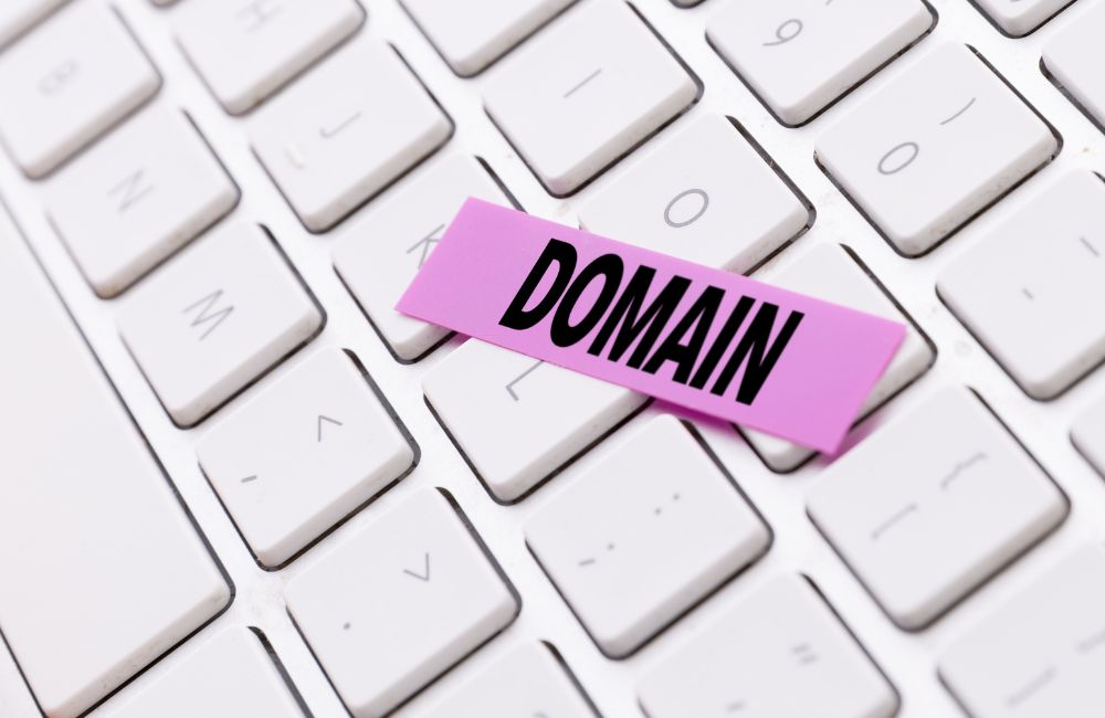 An image of a pink label with the word Domain written on it.