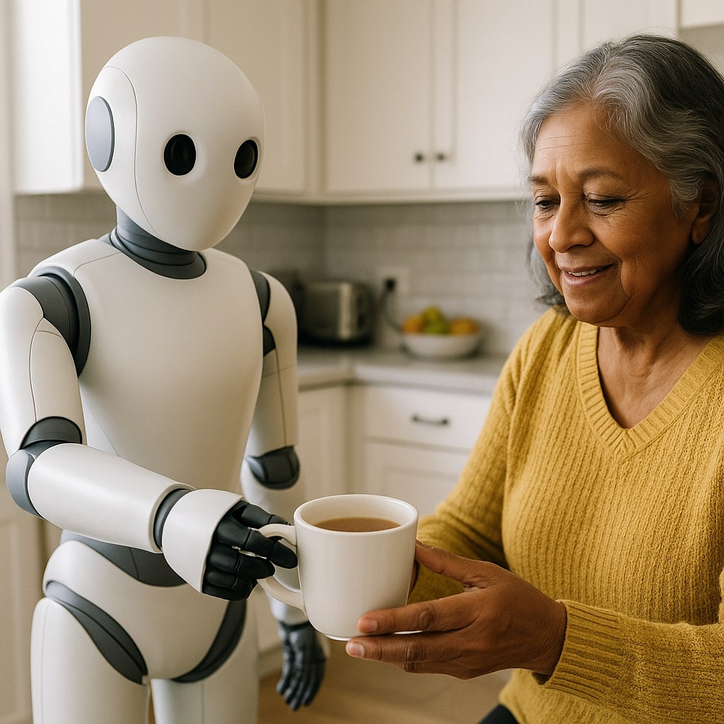 An image of a senior and an AI robot helper.