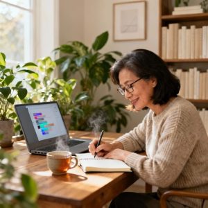 An image of a woman working on a presentation.
