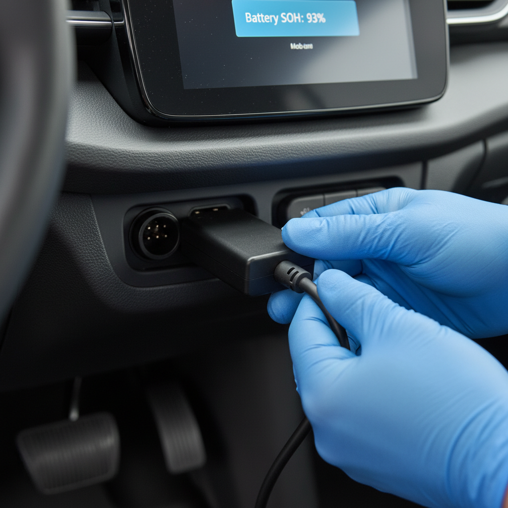 An image of an outlet being plugged onto an electric car dashboard.