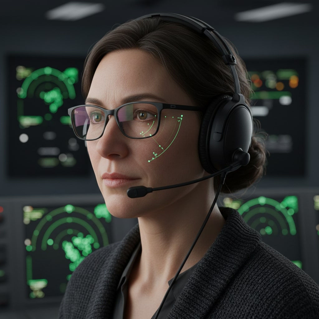 A photorealistic close up of a woman air traffic controller in her mid 40s wearing a headset, screen glow reflecting weather and aircraft paths in her glasses.