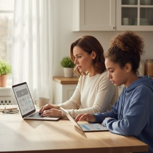 photo-realistic image of a woman using parental controls on a laptop while her teen studies nearby.