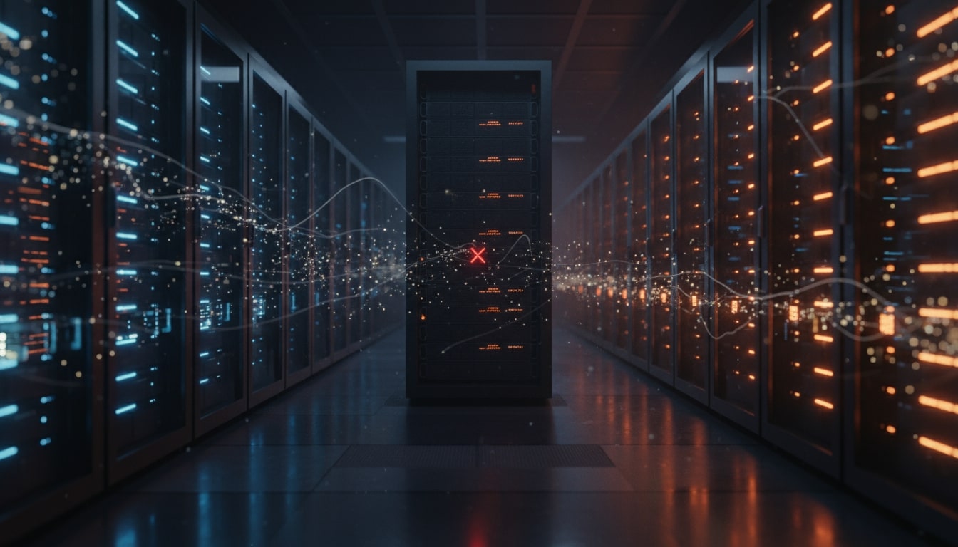 A dramatic data center server room showing the infrastructure behind internet services.