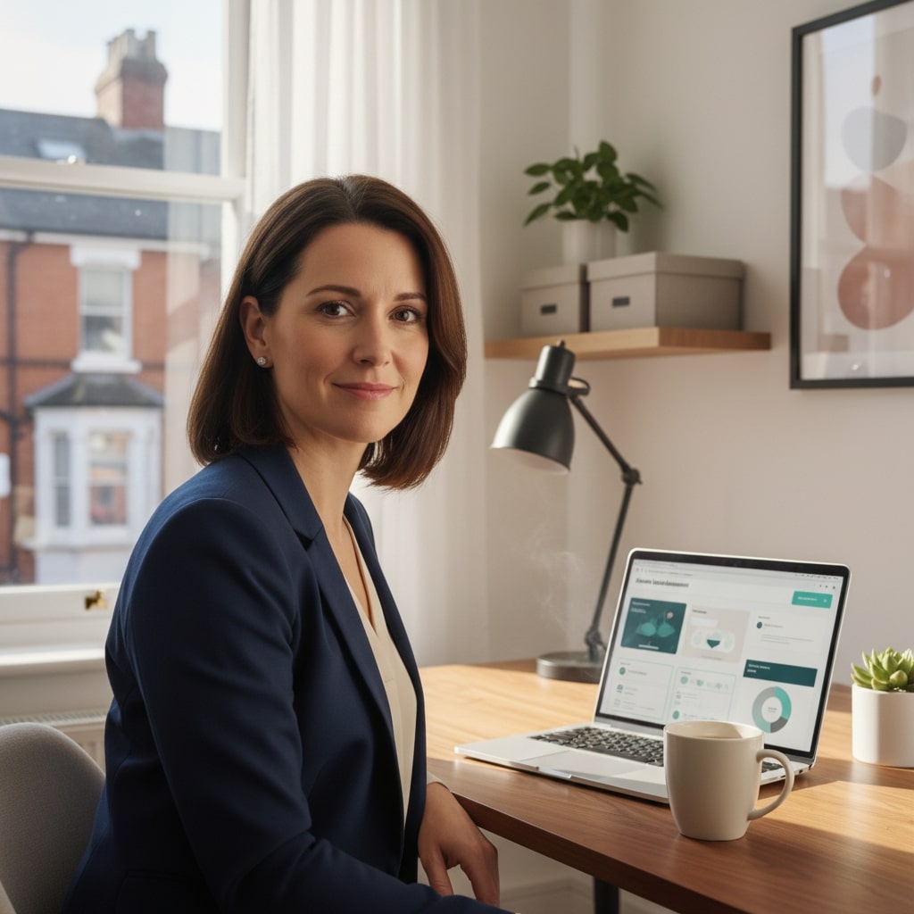 A photo-realistic portrait of a woman in her 40s working with an AI dashboard in a bright Cardiff office, warm and professional.