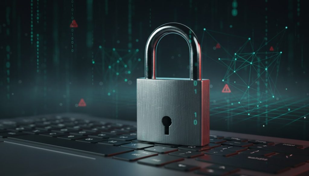 Padlock on a keyboard with glowing binary rain and subtle breach warnings. Cinematic cyber look.