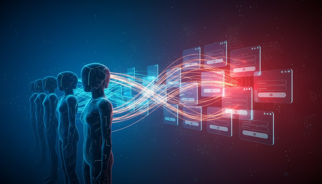 Credential stuffing concept with bot silhouettes and many blank login windows. Dynamic lines and blue to red energy.