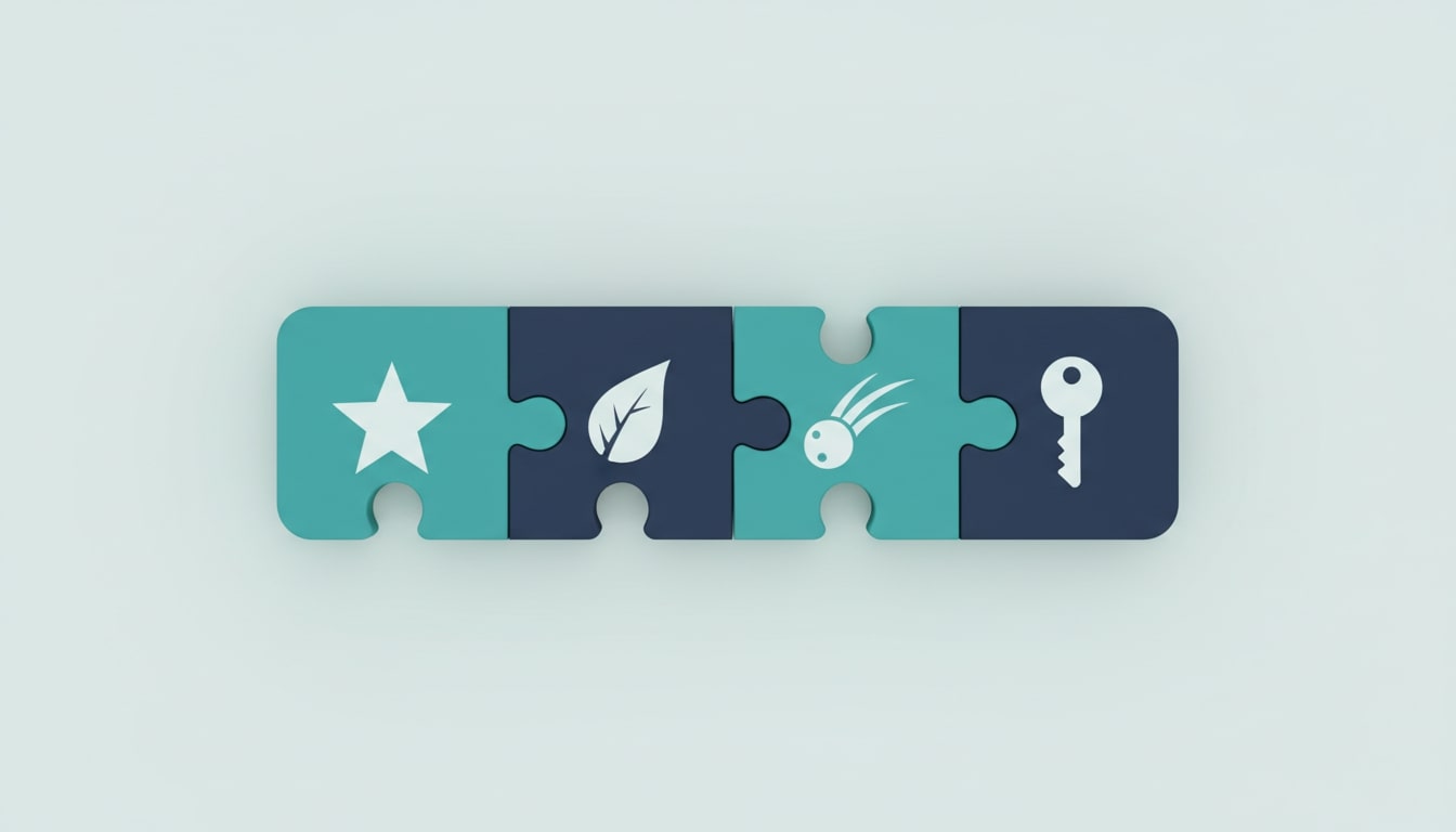 Passphrase strength visual with four interlocking puzzle pieces. Clean minimal teal and navy palette.