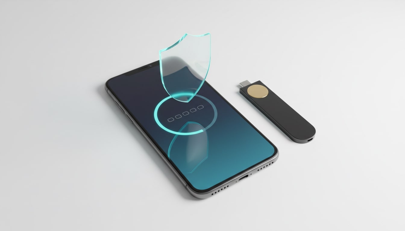 Reinforced security with a phone authenticator and a hardware key under a hovering shield. Bright studio style.