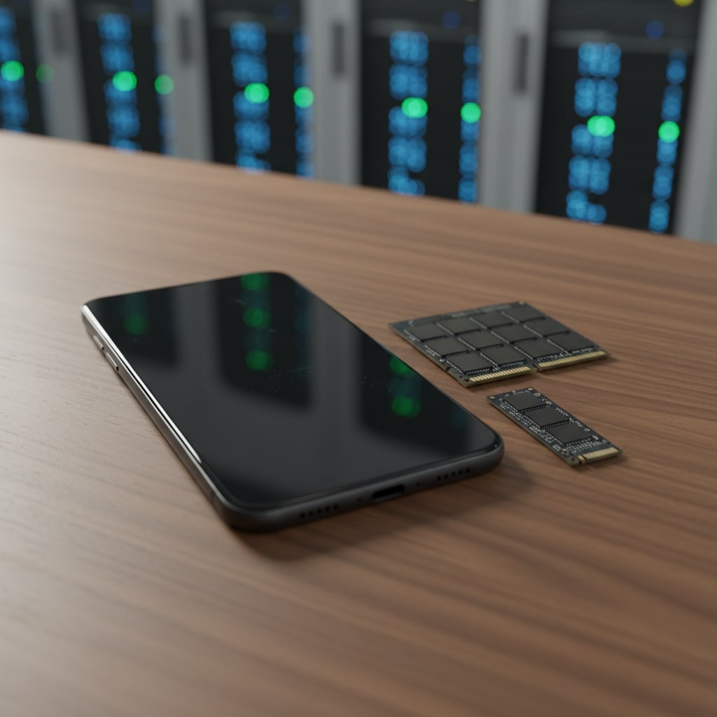 A photo realistic image of a phone and memory parts.