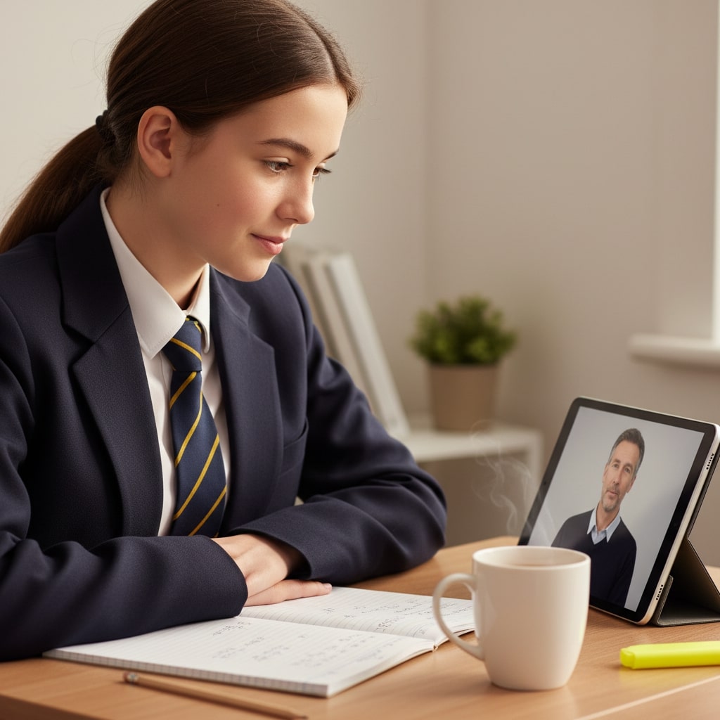 A student watching a personalized feedback video from a teacher avatar on a tablet in warm, natural light.