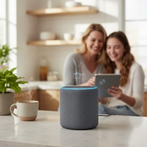A 1:1 square image of a smart speaker in sharp focus on a bright kitchen counter, with a mum and teenage daughter laughing together in the blurred background, plus soft icons suggesting everyday Alexa questions.