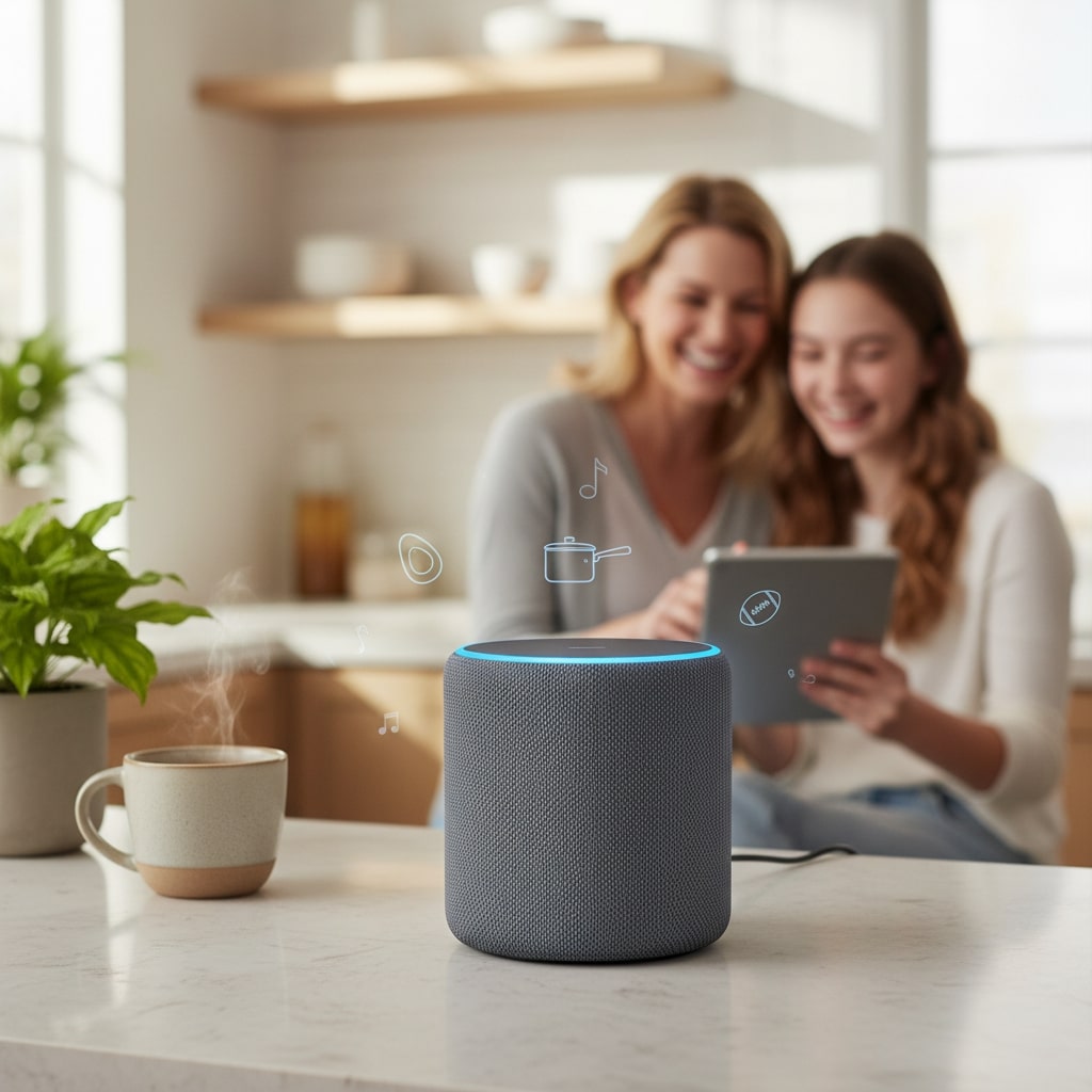 A 1:1 square image of a smart speaker in sharp focus on a bright kitchen counter, with a mum and teenage daughter laughing together in the blurred background, plus soft icons suggesting everyday Alexa questions.