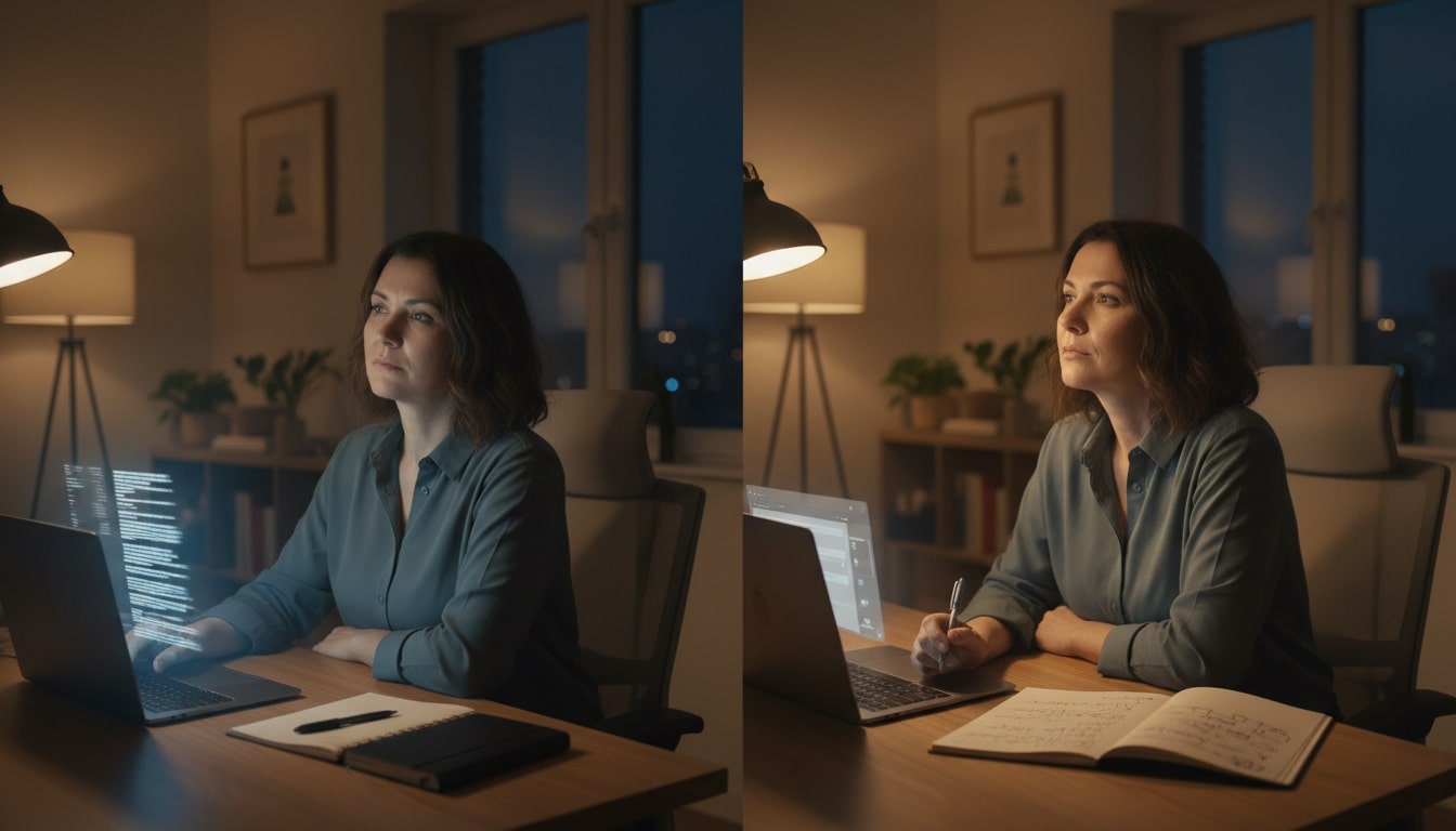 Two versions of the same evening workspace that contrast “brain on autopilot” vs “active thinking with AI.”