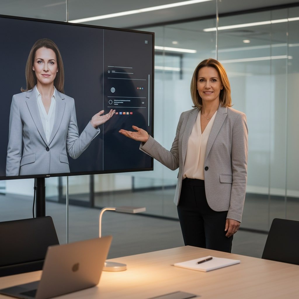 An image of a human presentor beside a screen showing an AI presentor.