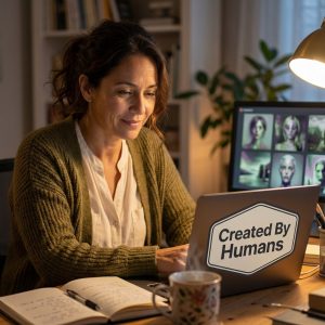 A cozy, photo realistic home office where a woman in her 40s works by warm lamplight, a notebook and cup of tea at her side. On her laptop a bold badge reads “Created By Humans” while a second monitor quietly shows slightly uncanny AI generated images, capturing a calm but empowered choice to value human made work.