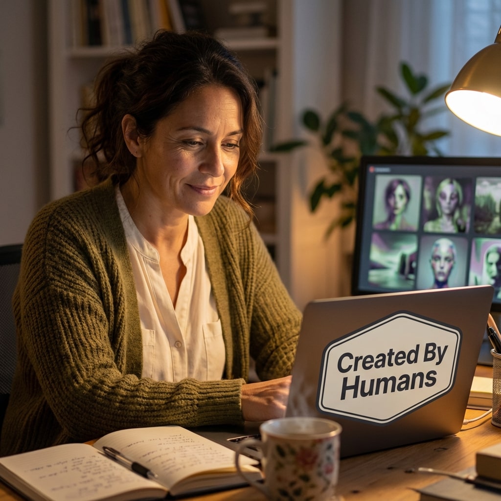 A cozy, photo realistic home office where a woman in her 40s works by warm lamplight, a notebook and cup of tea at her side. On her laptop a bold badge reads “Created By Humans” while a second monitor quietly shows slightly uncanny AI generated images, capturing a calm but empowered choice to value human made work.
