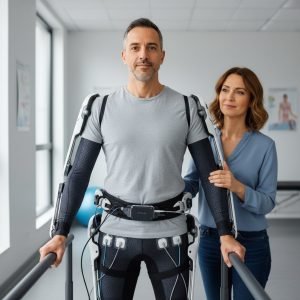 A 1:1 square close-up portrait of the same man wearing a HAL-style exoskeleton and stimulation suit, standing with support while his partner rests a reassuring hand on his arm.