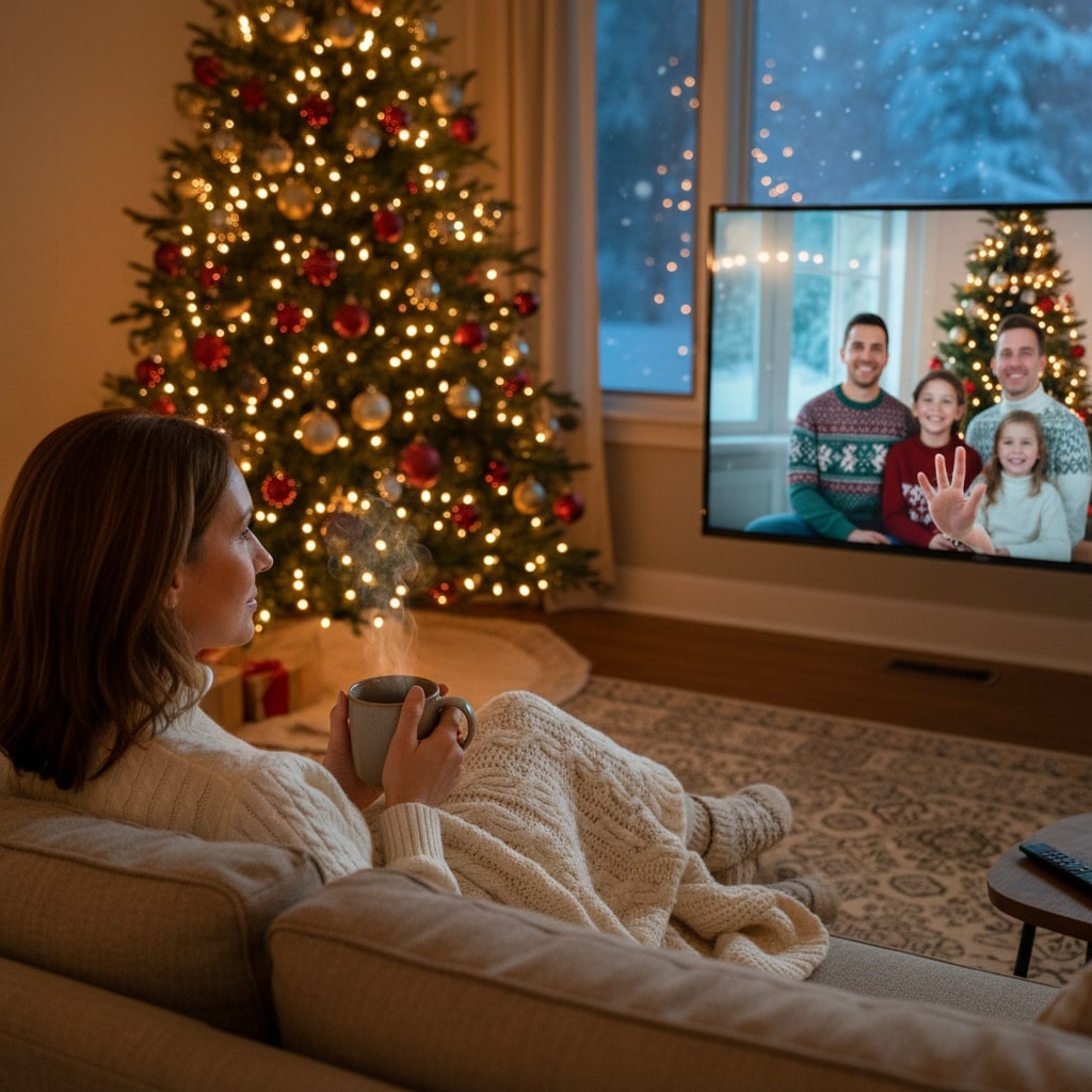 photo-realistic cozy living room with a woman watching a slightly uncanny holiday scene on TV, gentle artifacts on screen only, no logos or text.