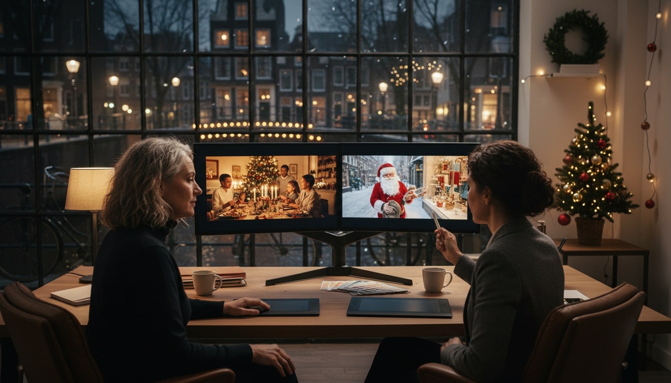 photo-realistic scene of two women art directors reviewing an AI-generated Christmas ad in a studio at night, with subtle AI artifacts visible on screens, no logos or text.