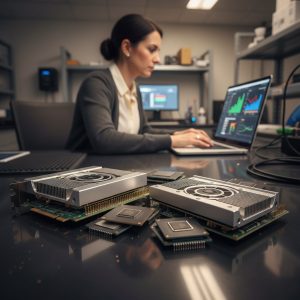 A 1:1 square close up image of stacked AI GPUs and chips on a lab table, with a woman in the background reviewing charts on a laptop.