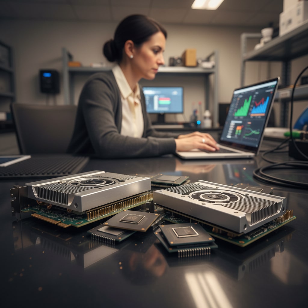 A 1:1 square close up image of stacked AI GPUs and chips on a lab table, with a woman in the background reviewing charts on a laptop.