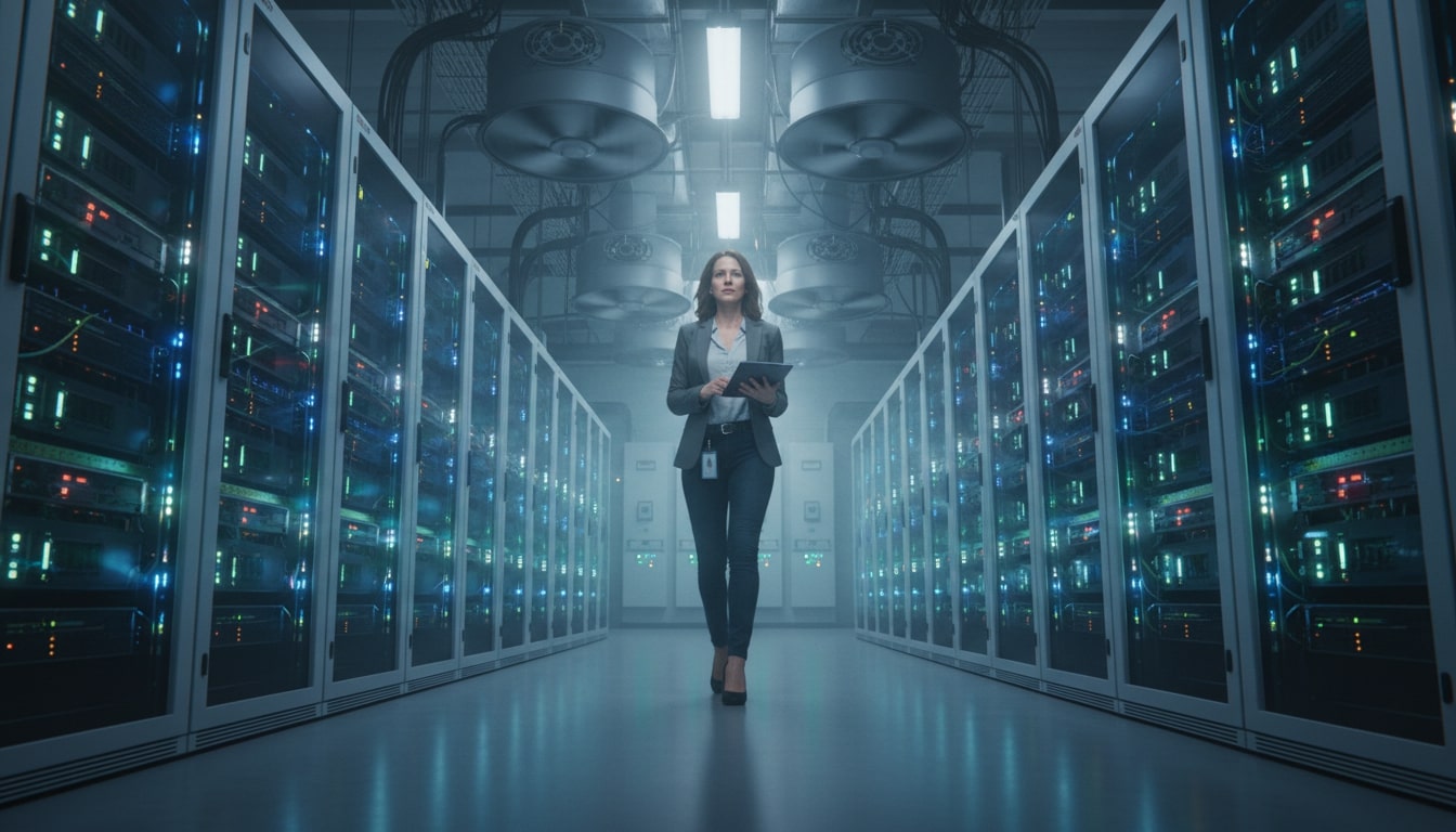 A 16:9 landscape image of a large AI data center with a woman in her 40s managing the glowing GPU racks.