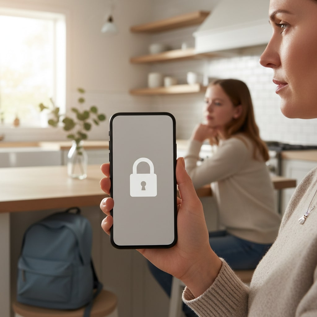 close‑up of a mother holding a phone with a generic lock icon while a teen looks on from the kitchen table.