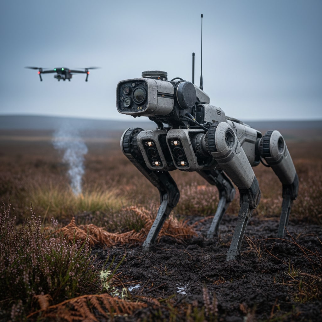 A photorealistic close-up of a rugged robotic dog in UK moorland heather with a small drone in the background and a thin thread of smoke rising from dry grass.