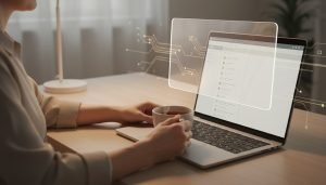 Laptop inbox with privacy shield overlay, woman’s hands with tea (home-office vibe)