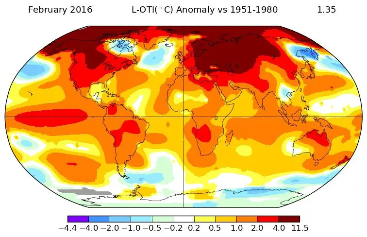 Global surface temperature anomalies - February 2016 (NASA)