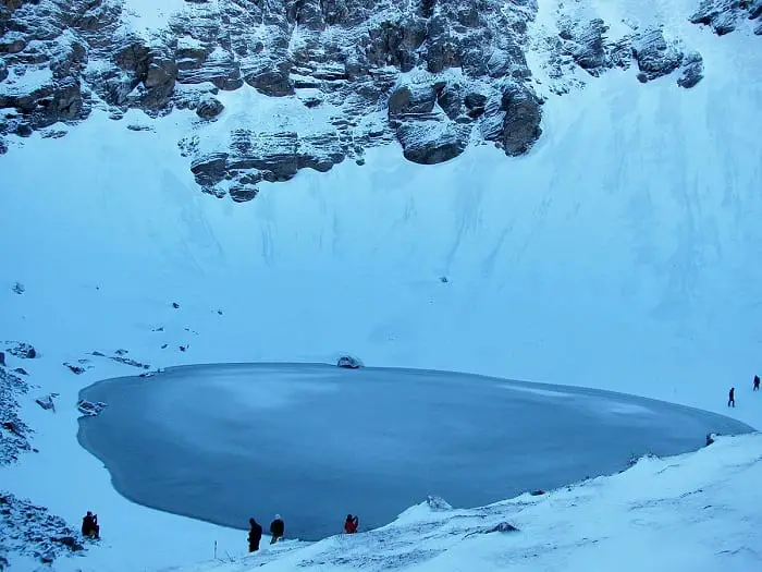 Roopkund is a shallow glacial lake 16,470 feet high in the Himalayas. 