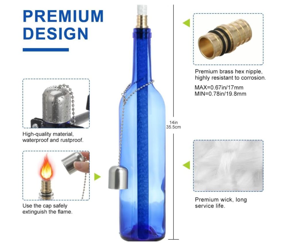 Wine bottle torches use recycled wine bottles and with variety of fuels.