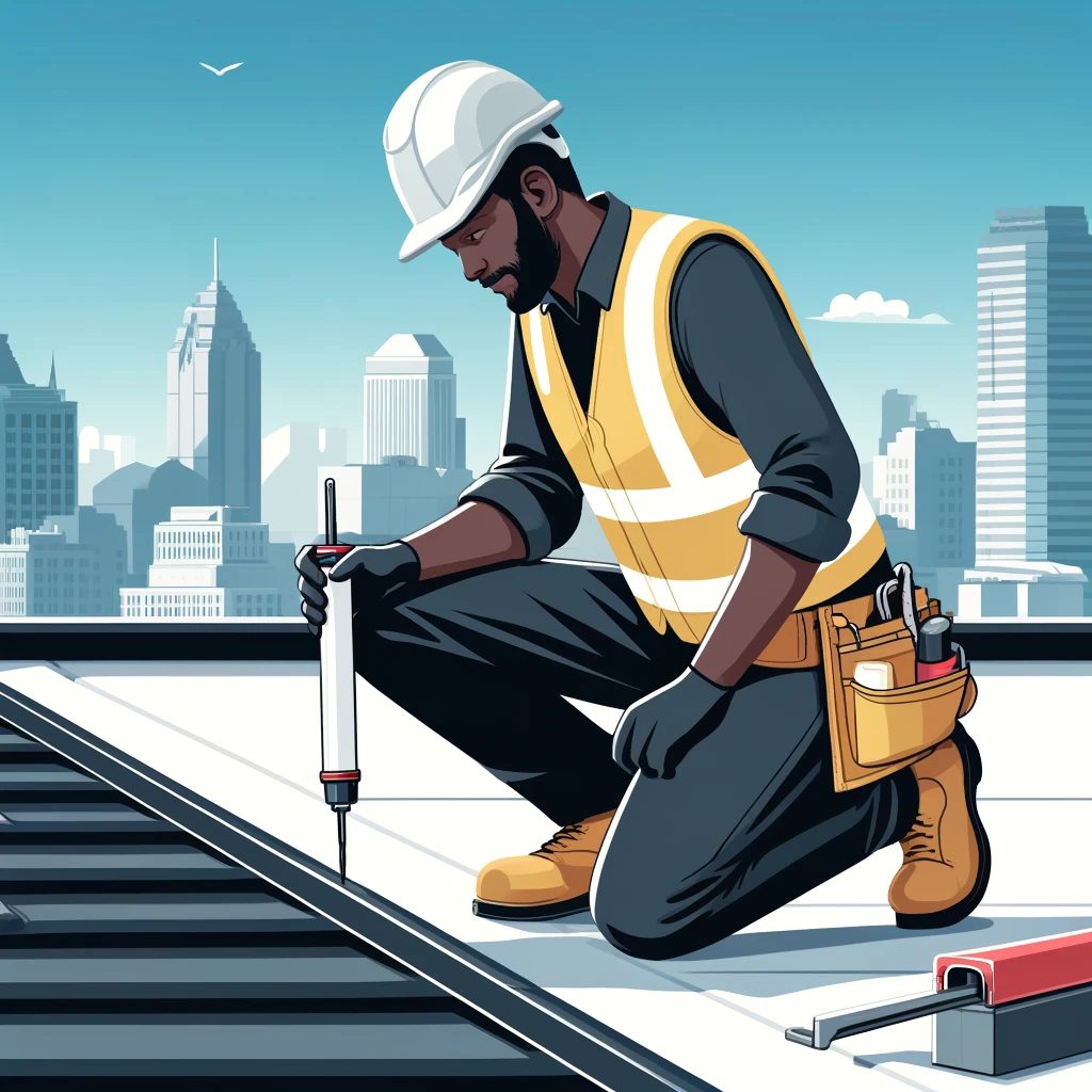 A roofing contractor applying caulk on a commercial building roof.