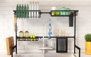 An image of an over-the-sink dish rack.