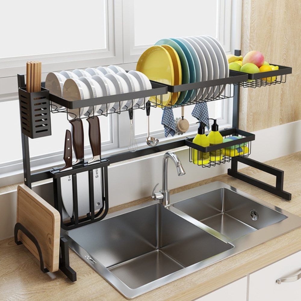 An image of an over-the-sink dish rack.