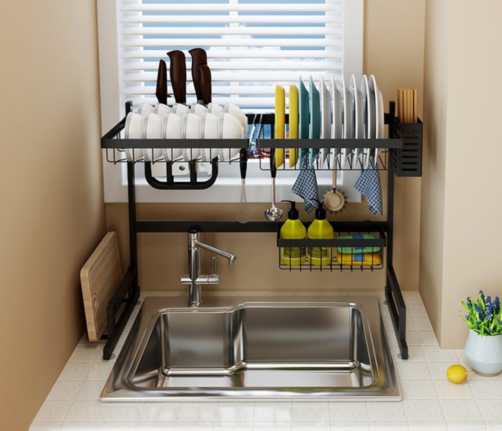 An image of an over-the-sink dish rack.