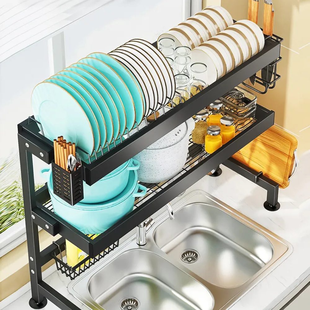 An image of an over-the-sink dish rack.