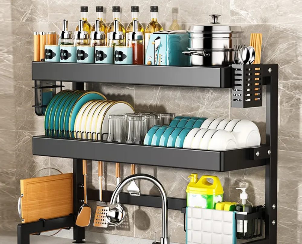 An image of an over-the-sink dish rack.