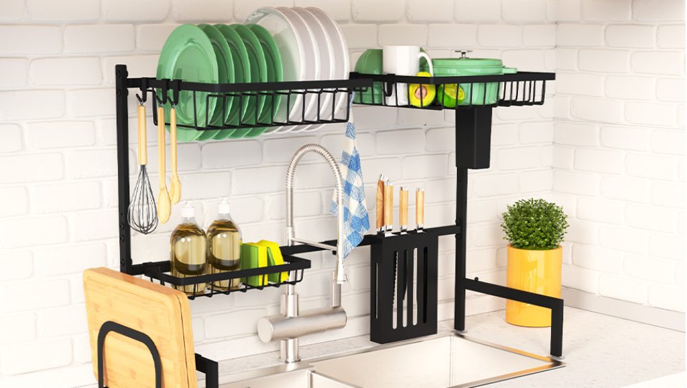 An image of an over-the-sink dish rack.