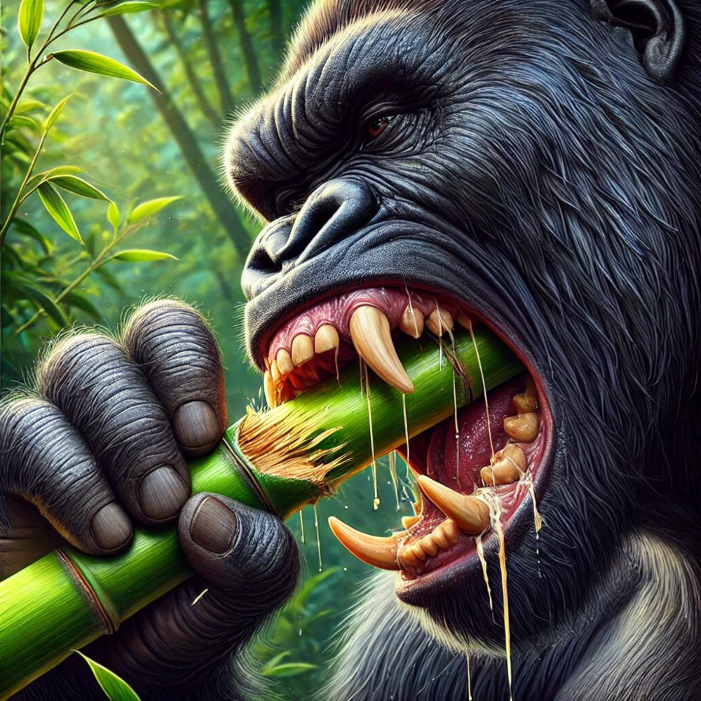 Gorillas have powerful jaws and large molars for chewing tough vegetation like bamboo.